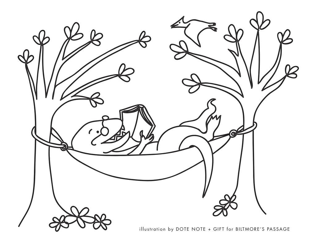 'Dino Reading' Coloring Page for Biltmore's Passage Little Free Library - Printable