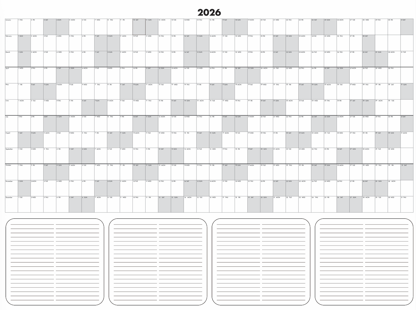 Calendar grid for 2026 with monthly layout and notes space.