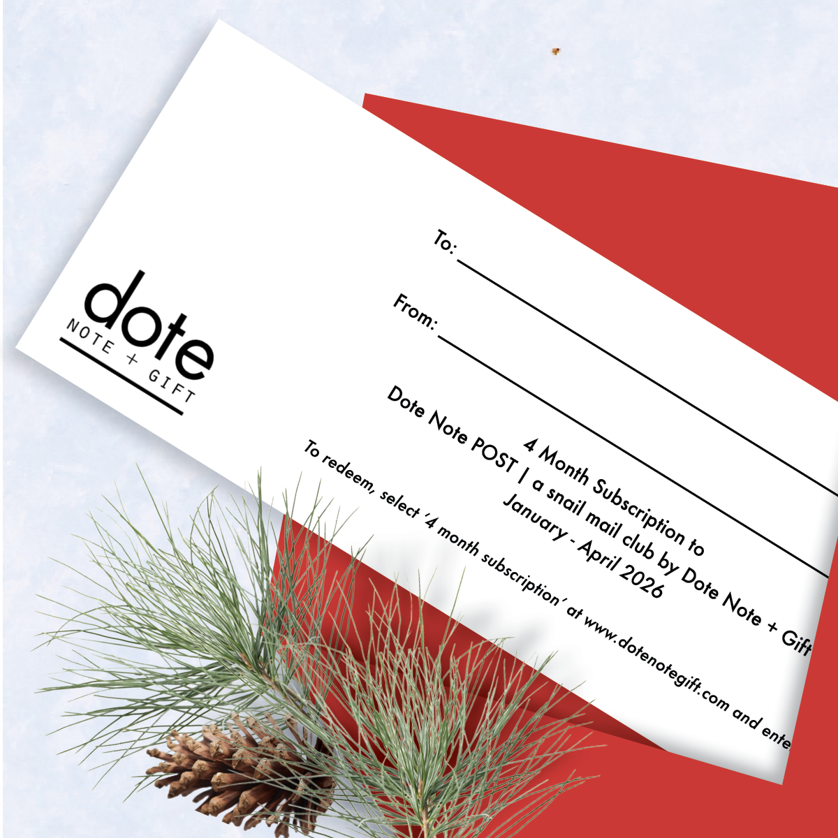 Gift card with 'dote note + gift' branding on a red envelope with decorative elements.