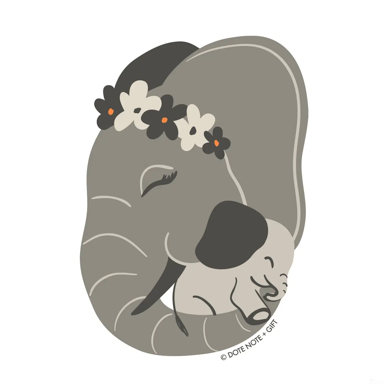 A vinyl sticker depicting a gray elephant with a floral headband on its head, rocking a baby elephant in its trunk.